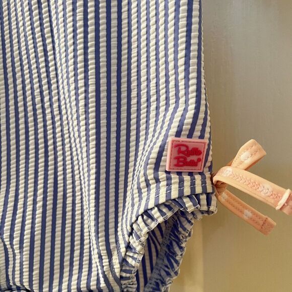 RuffleButts Seersucker One Piece Rash Guard Swimsuit Blue Pink Size 6-12 Months - Picture 6 of 15